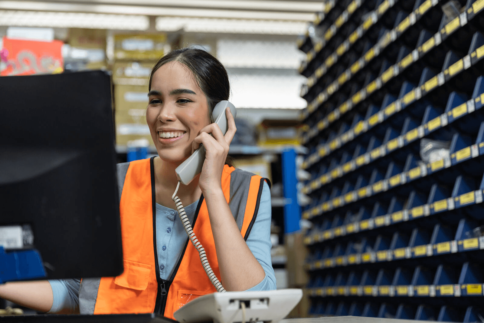 Seller in a stockroom answering a call