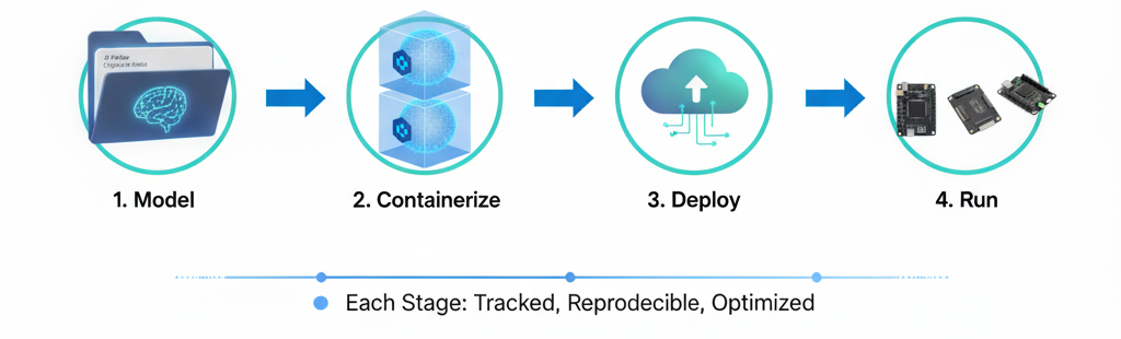 Olyxee verification workflow showing the pipeline from AI testing to production monitoring